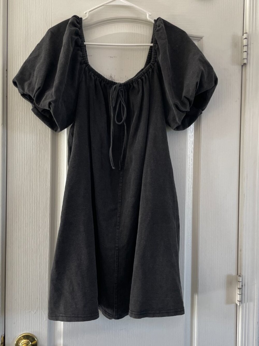 EXLURA Black Puff Sleeve Mini Dress Size S Cottagecore Peasant Babydoll Pockets